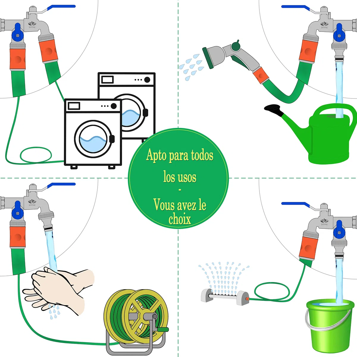 SHYNE Grifo Doble de Calidad de Latón de 1/2 '' Pulgada - Resistente al Óxido y las Heladas + 2 Conexiones de Manguera + E-Book | Para Jardín, Lavadora, Barril de lluvia