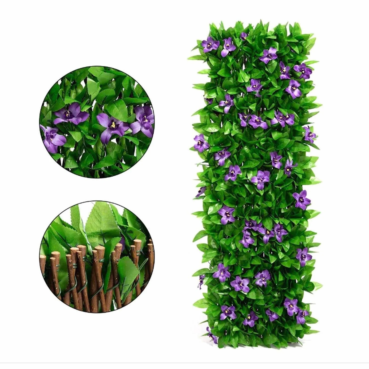 Seto Artificial Ocultacion Jardin,Pantalla De Parrilla De Hojas De Hiedra con Hojas Y Flores, Seto Artificial De 200 X 40 Cm, Ajustable para Paredes, Patio, Decoración De Fondo De Pared