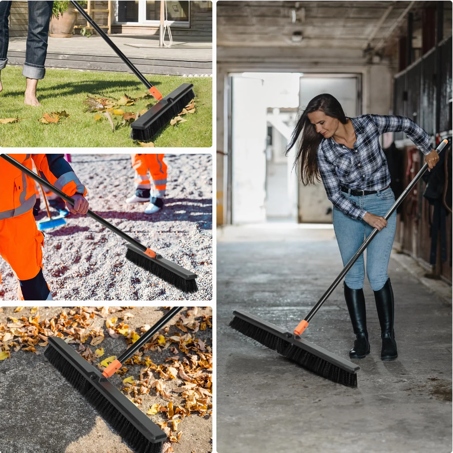 TreeLen Escoba de empuje de 24 pulgadas para exteriores, cepillo de limpieza de suelos resistente con mango largo, cerdas rígidas, para patio, garaje, cubierta, entrada, limpieza de suelos de concreto