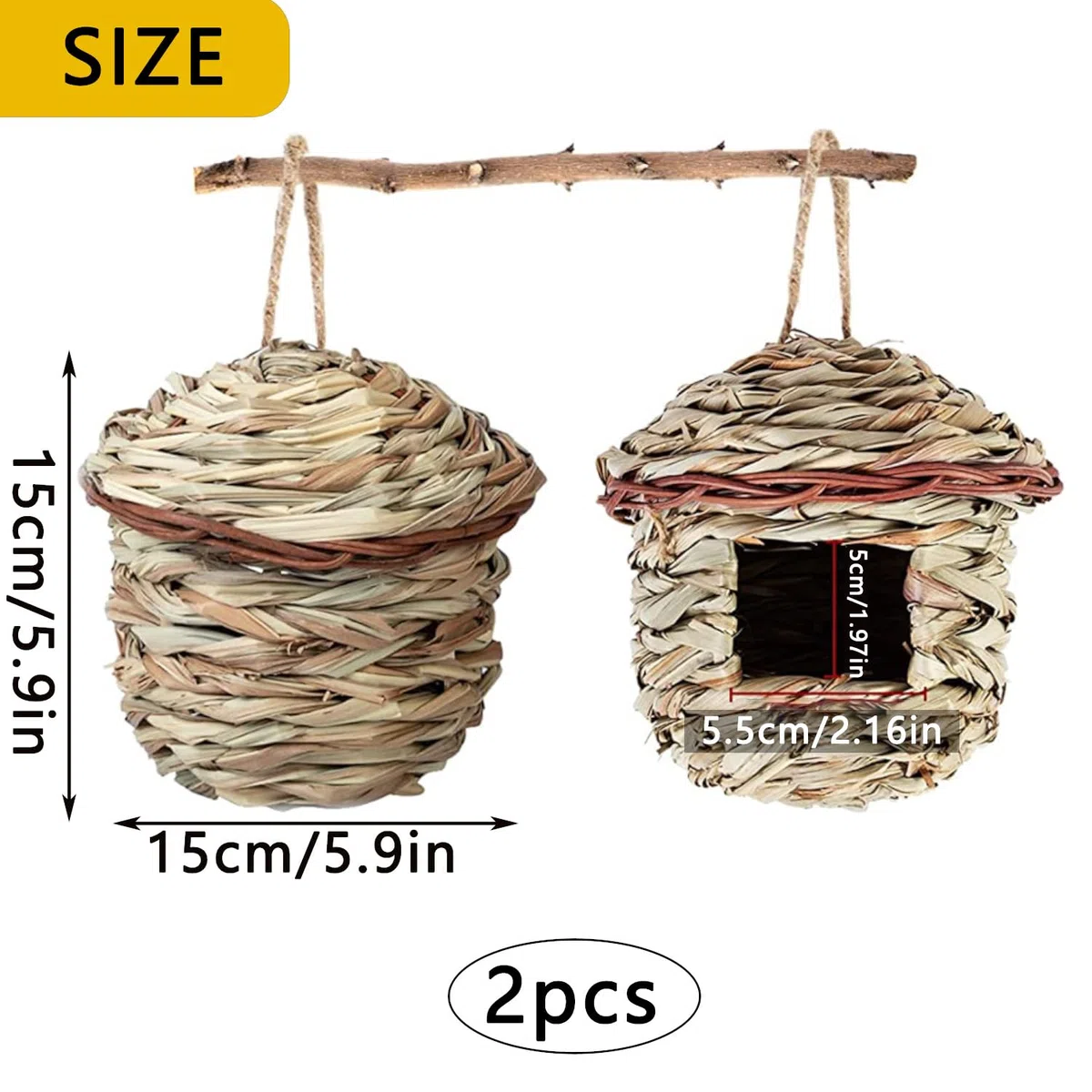 2 Piezas Nidos de Pájaros, Nido de pájaro Colgante, Nido Pajaros Exterior Colgante, Casa de Pajaros Exterior, Tejidas a Mano Hierba Nidos para Pajaros, para Pájaros Pequeños como Colibrí (15x15 cm)