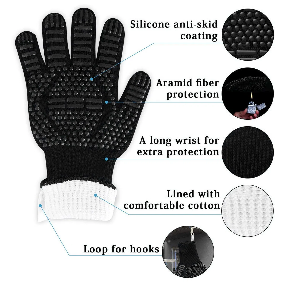 WIN.MAX Guantes para Barbacoa, Guantes de Horno para Barbacoa, Guantes de Cocina, Guantes Resistentes al Calor, Guantes de Chimenea hasta 800 °C, 1 par de Silicona Antideslizante (Igualdad Negra)