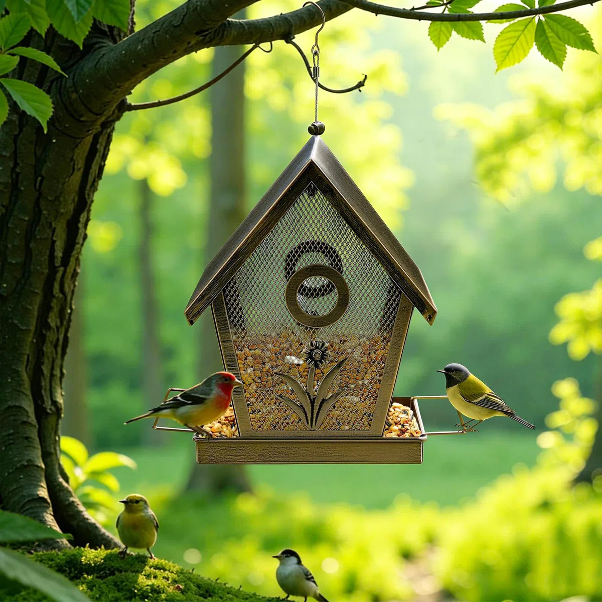 Comedero metálico para Pájaros Casita Colgante para Pájaros Silvestres Comedero Resistente a La Intemperie Pequeño con Capacidad de 1,1 Kg, Ideal para Jardines, Patios y Patios Traseros