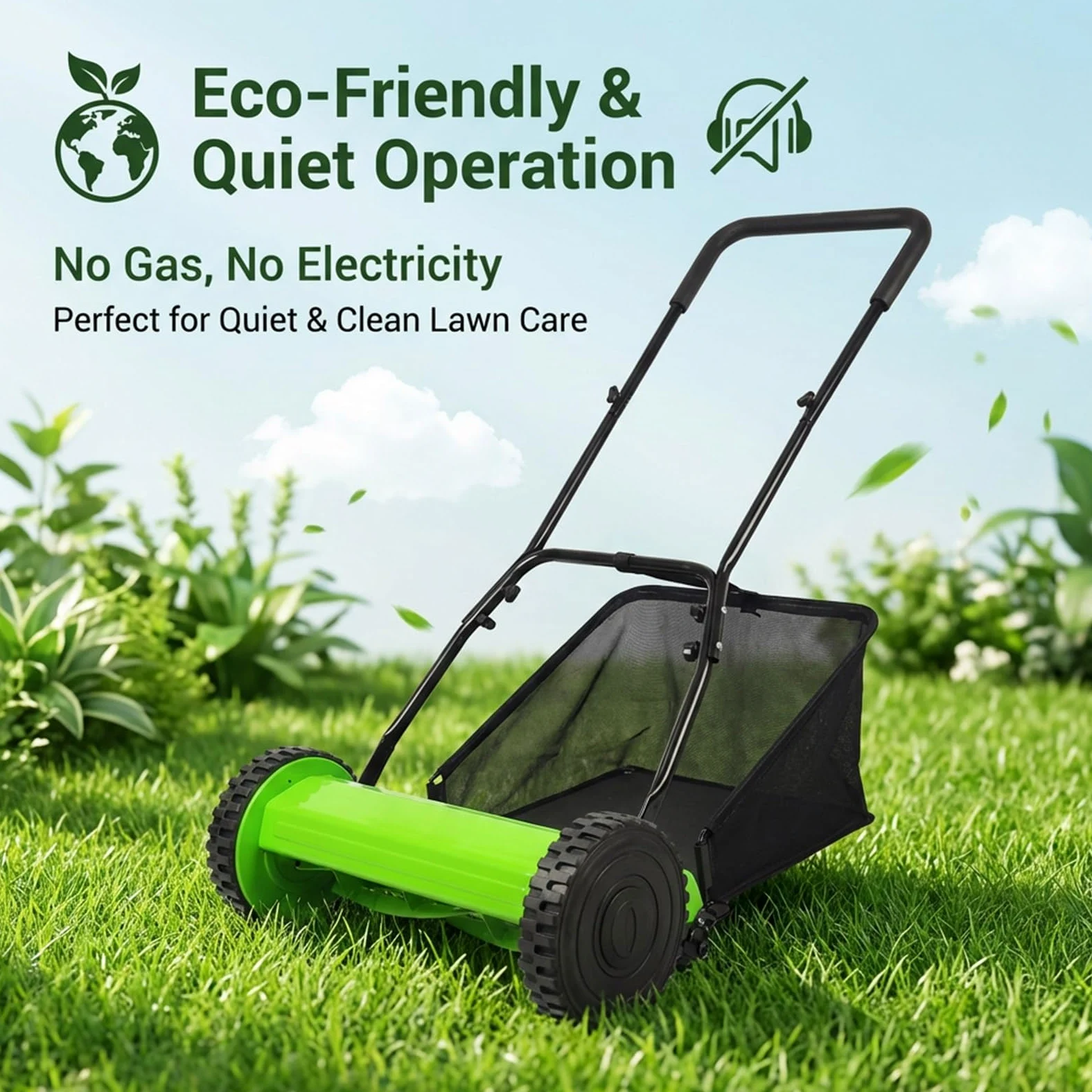 Cortacésped manual, recogedor de césped, cuchillas de acero al manganeso, altura ajustable de 17 a 33 mm, ideal para pequeños jardines y parques, cuidado eficiente del césped