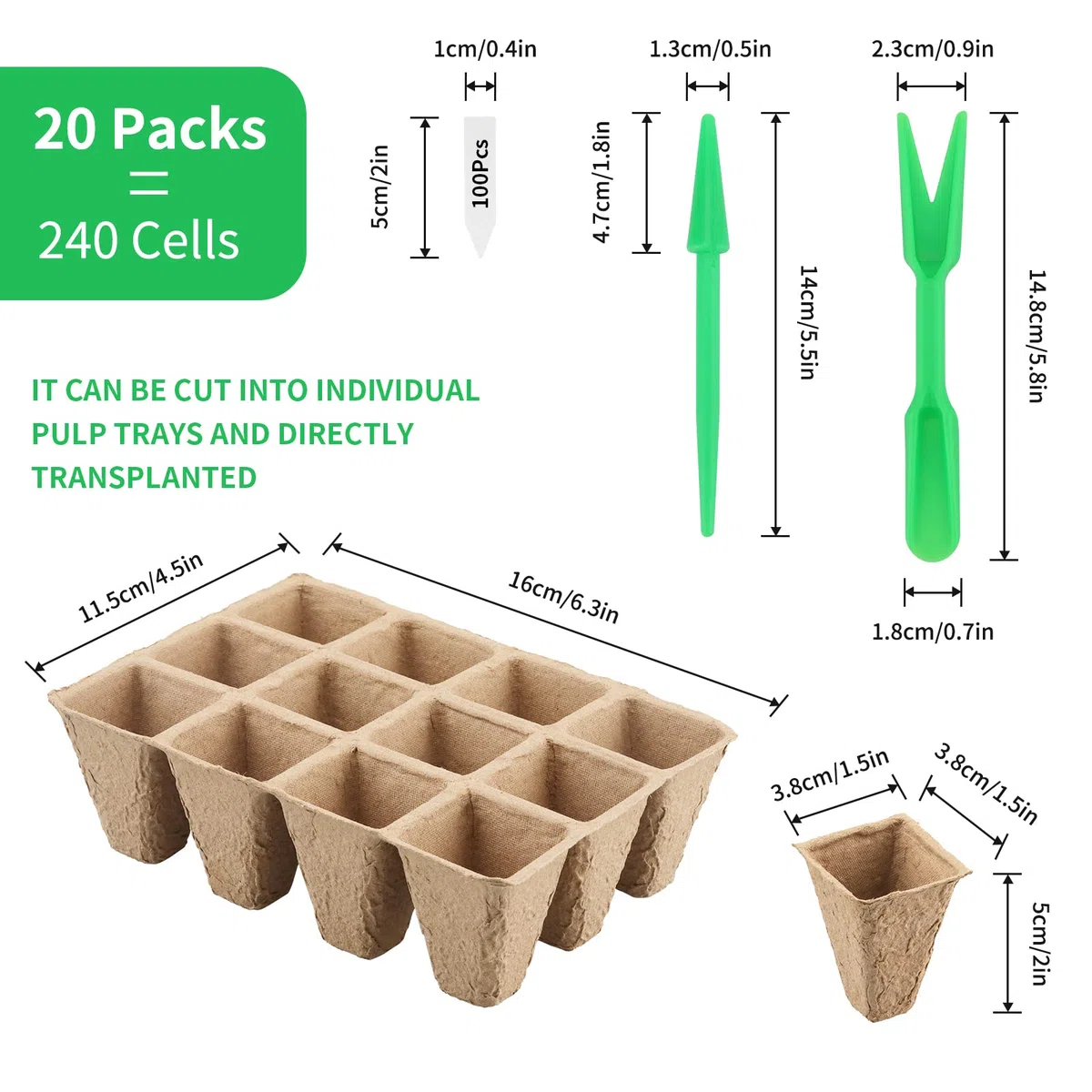 KINGLAKE 20 bandejas para Plantar semilleros biodegradables, con 100 Etiquetas de plástico para Plantas y Herramientas de trasplante