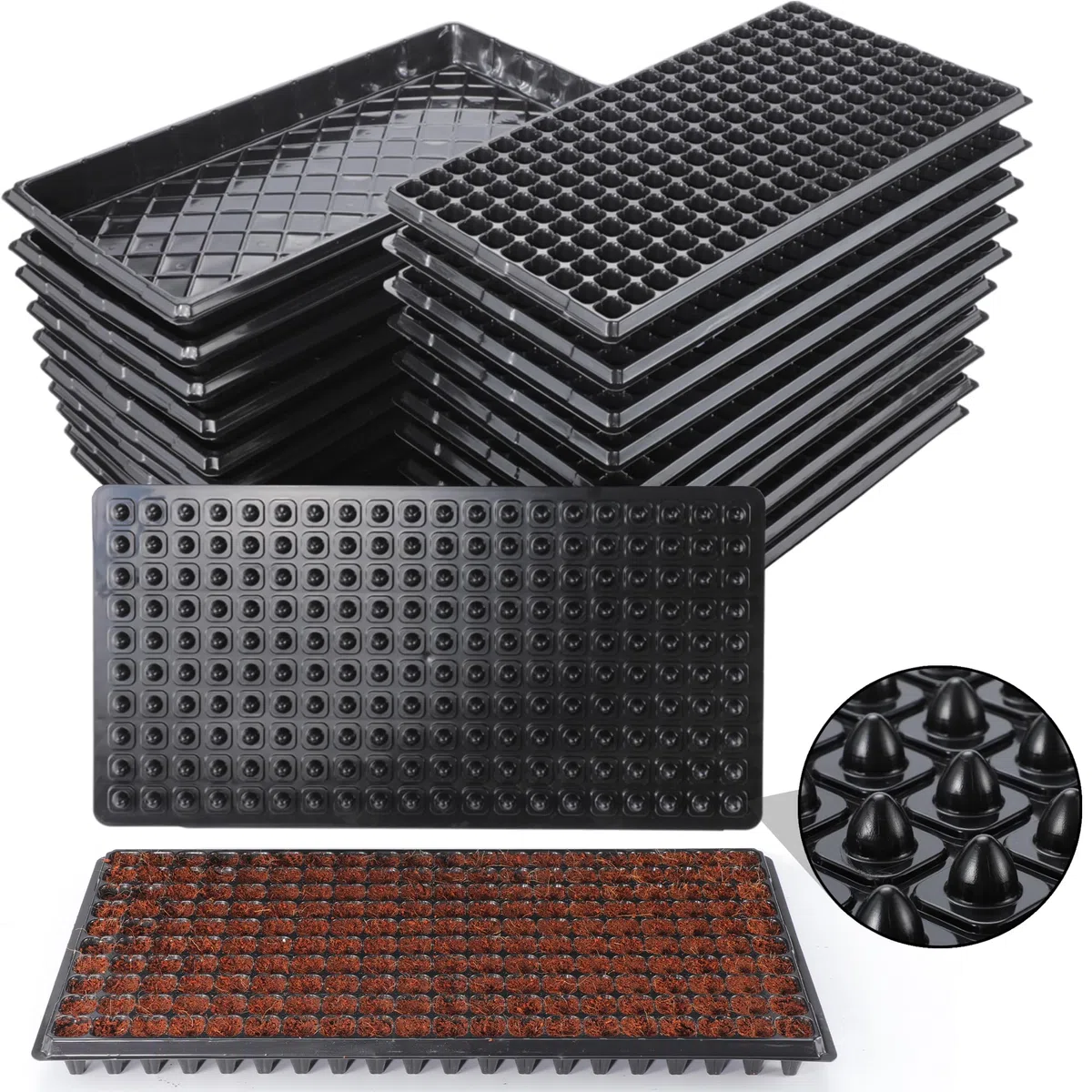 Bandejas de inicio de semillas de 200 celdas con escurridor, paquete de 20 bandejas reutilizables para propagación de germinación, excavadora de tierra de 200 agujeros para colocar