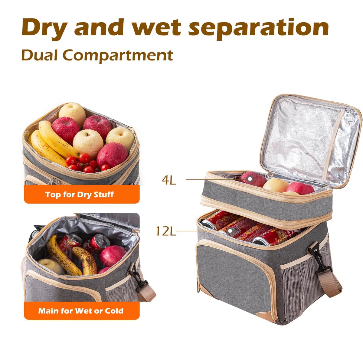 Bolsa térmica, Bolsa de picnic de 15L, Bolsa de almuerzo, Bolsa térmica para transportar alimentos (Gris, 15L)
