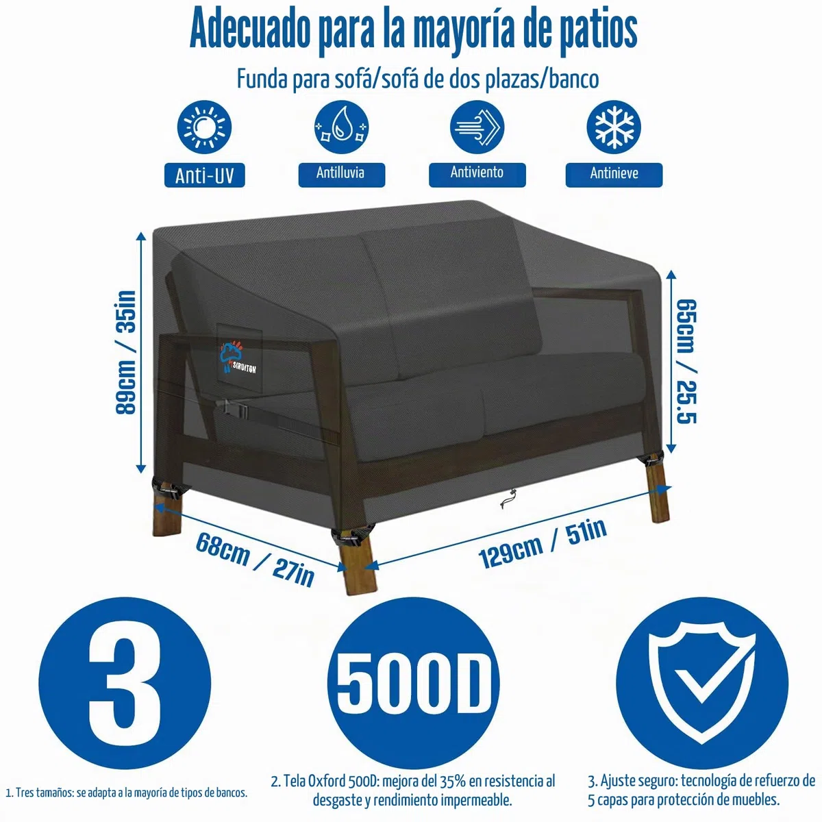 SIRUITON Funda protectora para bancos de 2 plazas, cubierta para banco de jardín, revestimiento resistente a los rayos UV en el interior, color negro, 131 x 69 x 65/89 cm