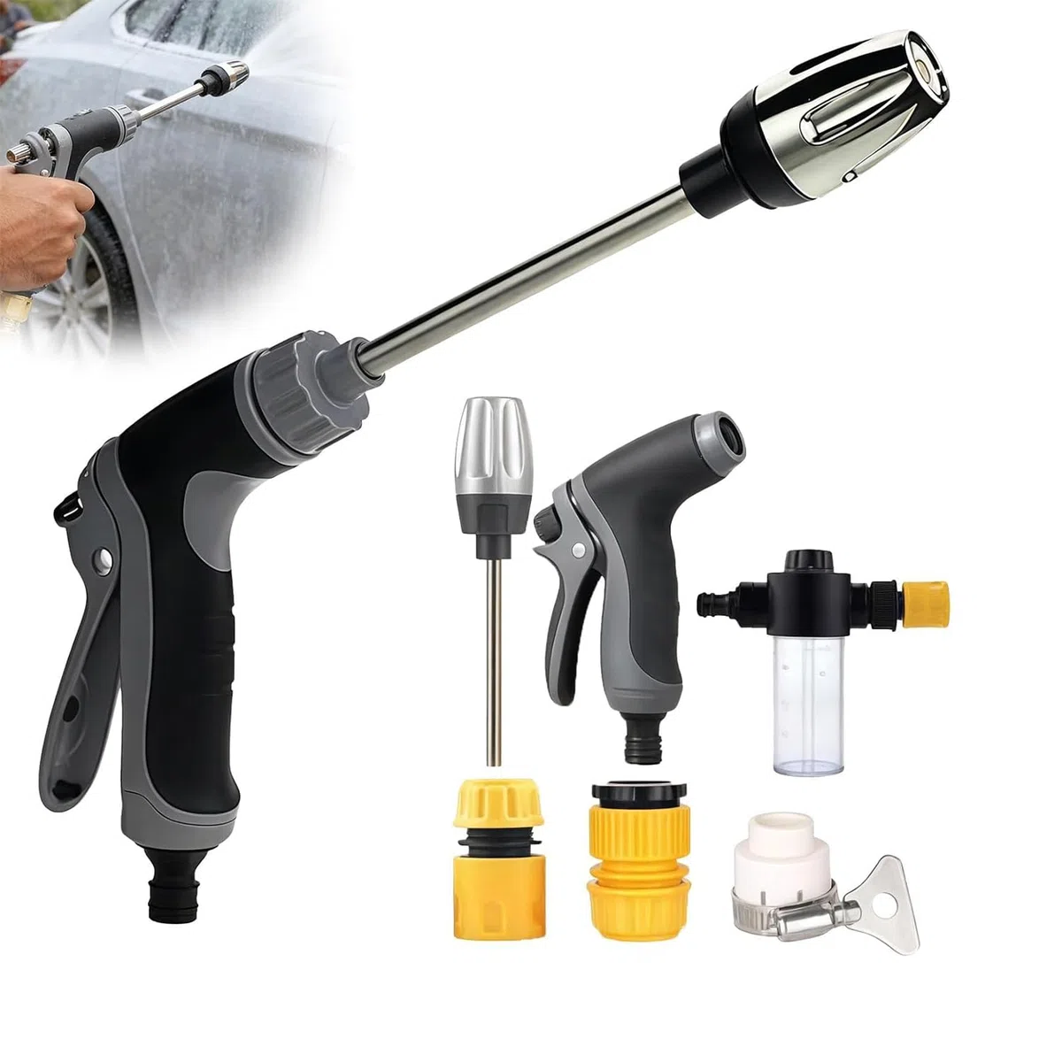 Pistola de Alta Presión para Manguera de Jardín, Hidrolimpiadora regulable con varilla larga y accesorios, diferentes efectos de rociado, ideal para coche, jardín y terraza