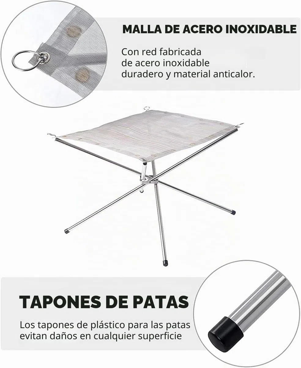 KAHEIGN Pozo de Fuego Portátil Libre, 42CM Plegable Malla de Acero Inoxidable Chimenea de Pozo de Fuego Barbacoa Cuenco de Fuego para Camping Picnic Hoguera - con Guantes Resistentes Calor y Bolsa