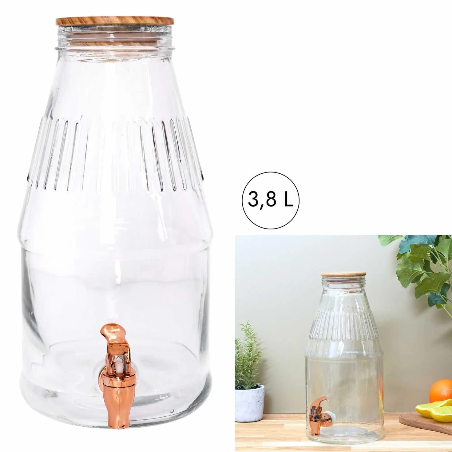 COOK CONCEPT - KA5906 Fuente de Bebida de Vidrio con Grifo de Servicio - Diseñada para Bebidas Refrescantes - Capacidad 3.8L - Amplia Apertura - Tapa de Madera