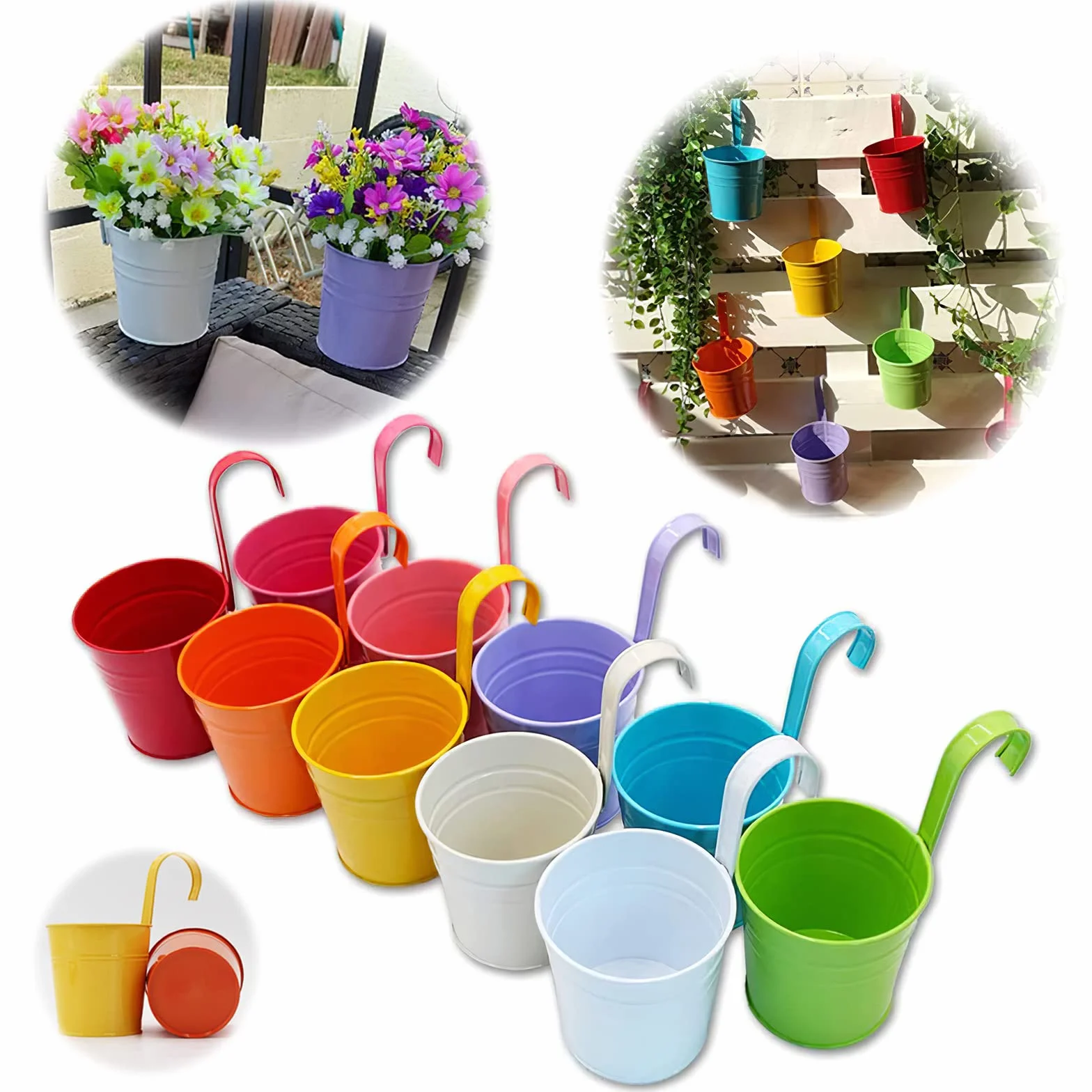 Juego de 10 Jarrones de Flores de Metal Florero para Colgar Canasta sin Orificio de Drenaje, Gancho Desmontable, Balcón Jardín Decoración para el Hogar(17x 10.2X 8cm