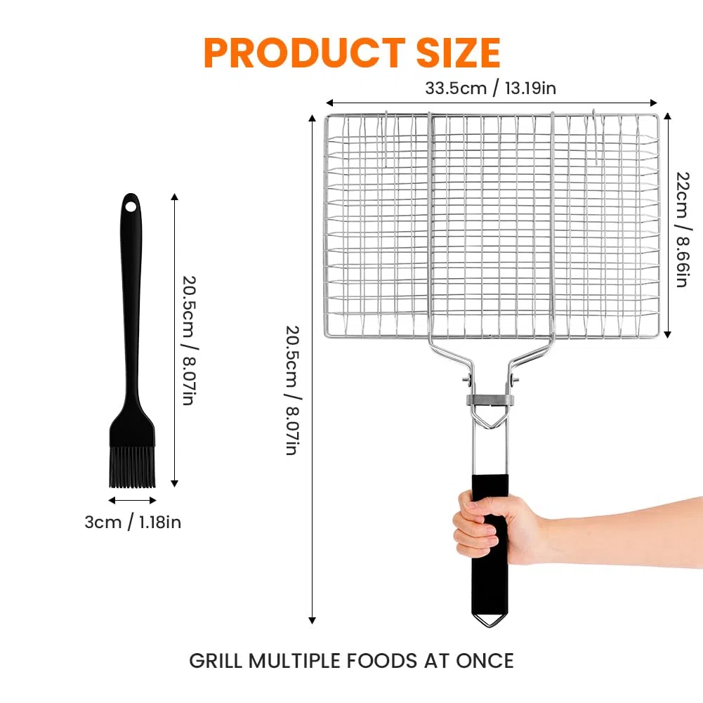 Cesta para Asar a la Parrilla, 304 Parrilla Acero Inoxidable para Asar con Bolsa y Cepillo, con Mango de Madera Desmontable, para Pescado, Carne, Verduras, Asado, Camarón, etc(33.5cm×22cm)