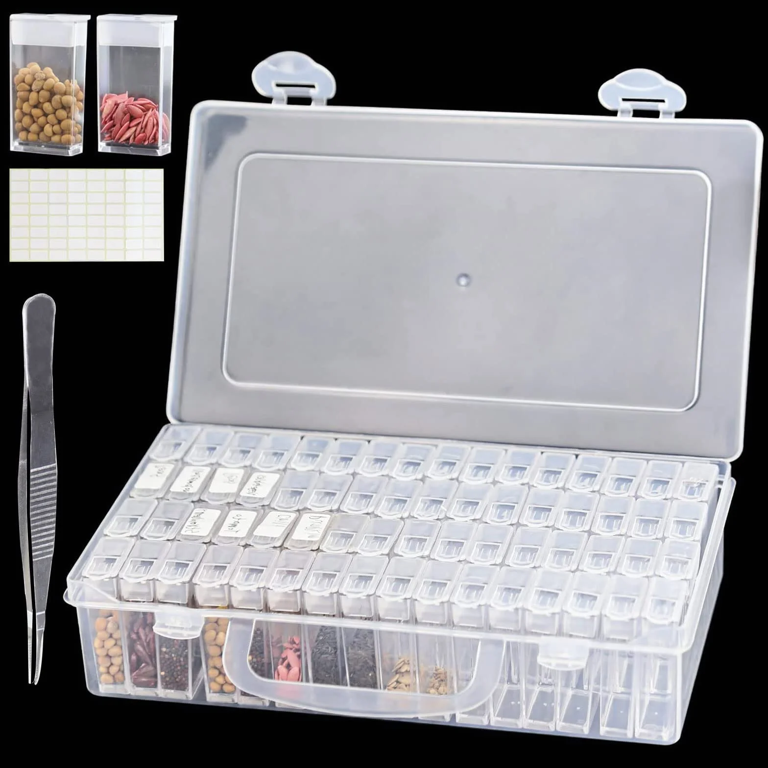 Organizador de Cuentas de 64 Ranuras,Caja De Almacenamiento De Diamante Compartimento De Plástico Transparente, Organizador de Almacenamiento con Etiquetas Adhesivas para Joyas Manicura Semillas