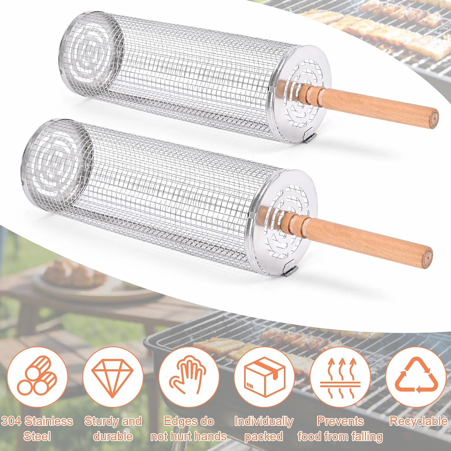 Paquete de 2 cestas rodantes para barbacoa, cesta para barbacoa de acero inoxidable con mango de madera, cesta giratoria para barbacoa, accesorios para barbacoa para acampar al aire libre