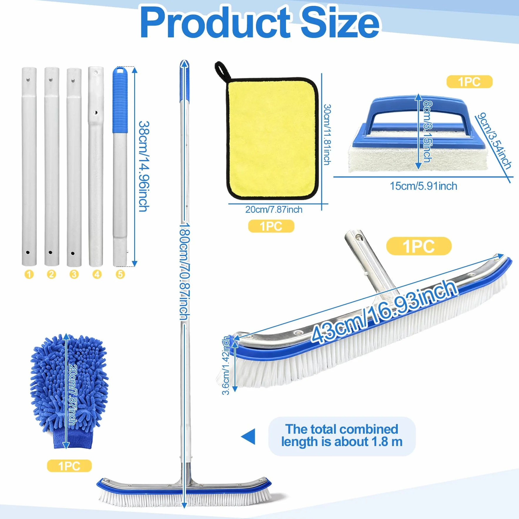 TZEKING Cepillo Piscina con pertiga 180cm,Cepillo para Limpiar Piscinas 43cm,Kit Piscina Limpieza,con Extremos Curvos,Borstels Reinigen Wanden,Tegels en Vloeren Moeiteloos