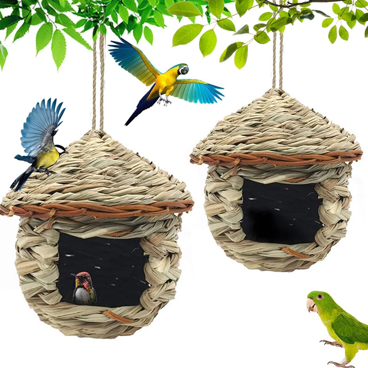 2 Piezas Nidos de Pájaros, Nido de pájaro Colgante, Nido Pajaros Exterior Colgante, Casa de Pajaros Exterior, Tejidas a Mano Hierba Nidos para Pajaros, para Pájaros Pequeños como Colibrí (15x15 cm)