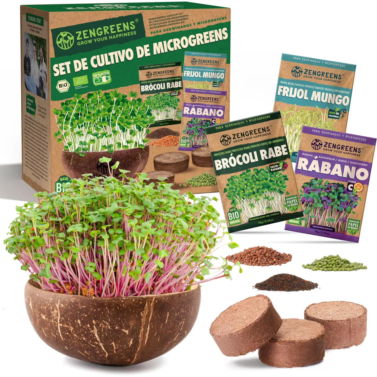 ZenGreens® Set de cultivo de microgreens eco - incl. cáscara de coco y 3 tipos de semillas - kit de germinación - alternativa a la germinador de semillas