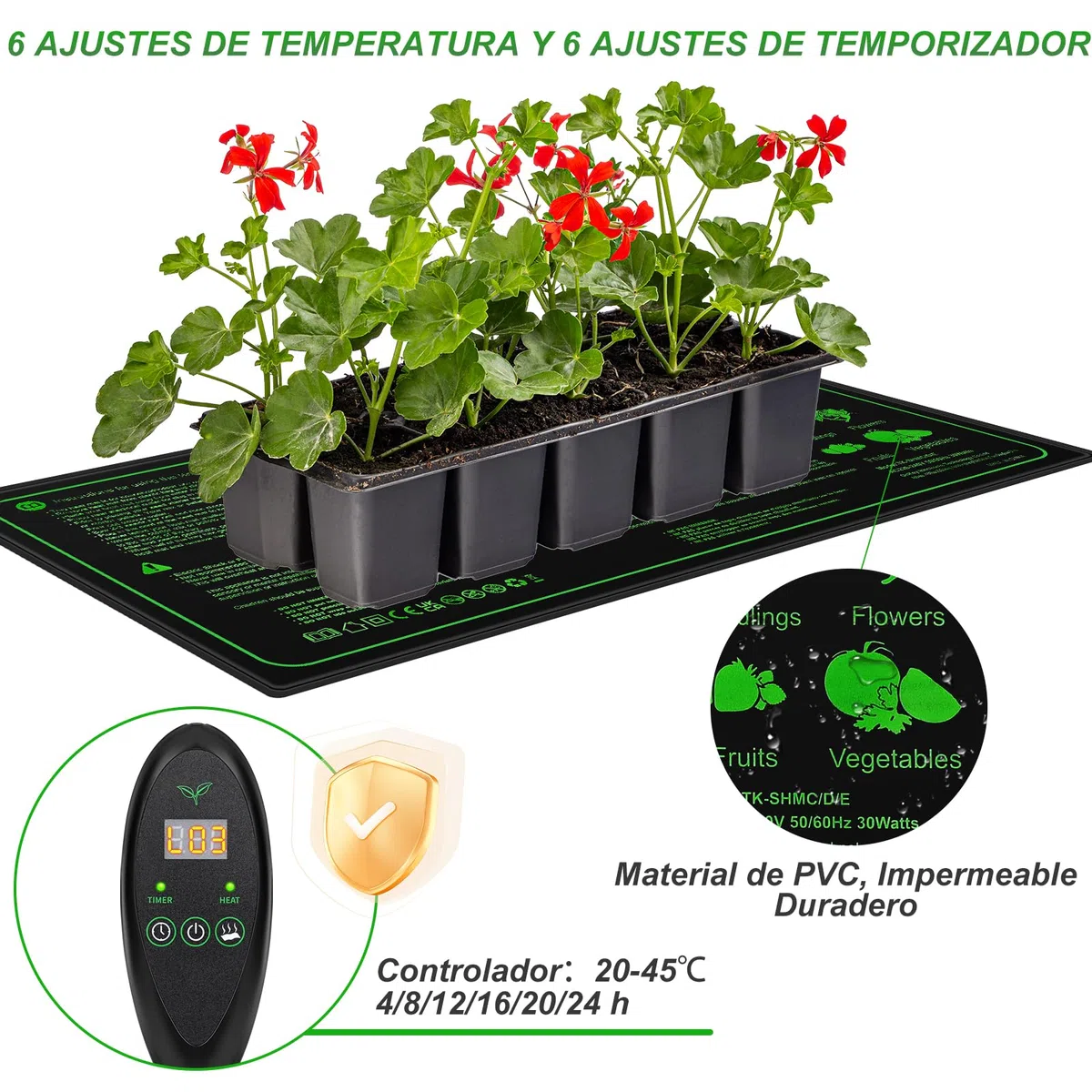 Alfombras Calefactoras, Alfombrilla de Calor para Plantas con Controlador de termostato, Estera Calefactora Ajustable Almohadilla Térmica para Plantas para Semilleros, Mascotas, 50 x 25 cm 30W