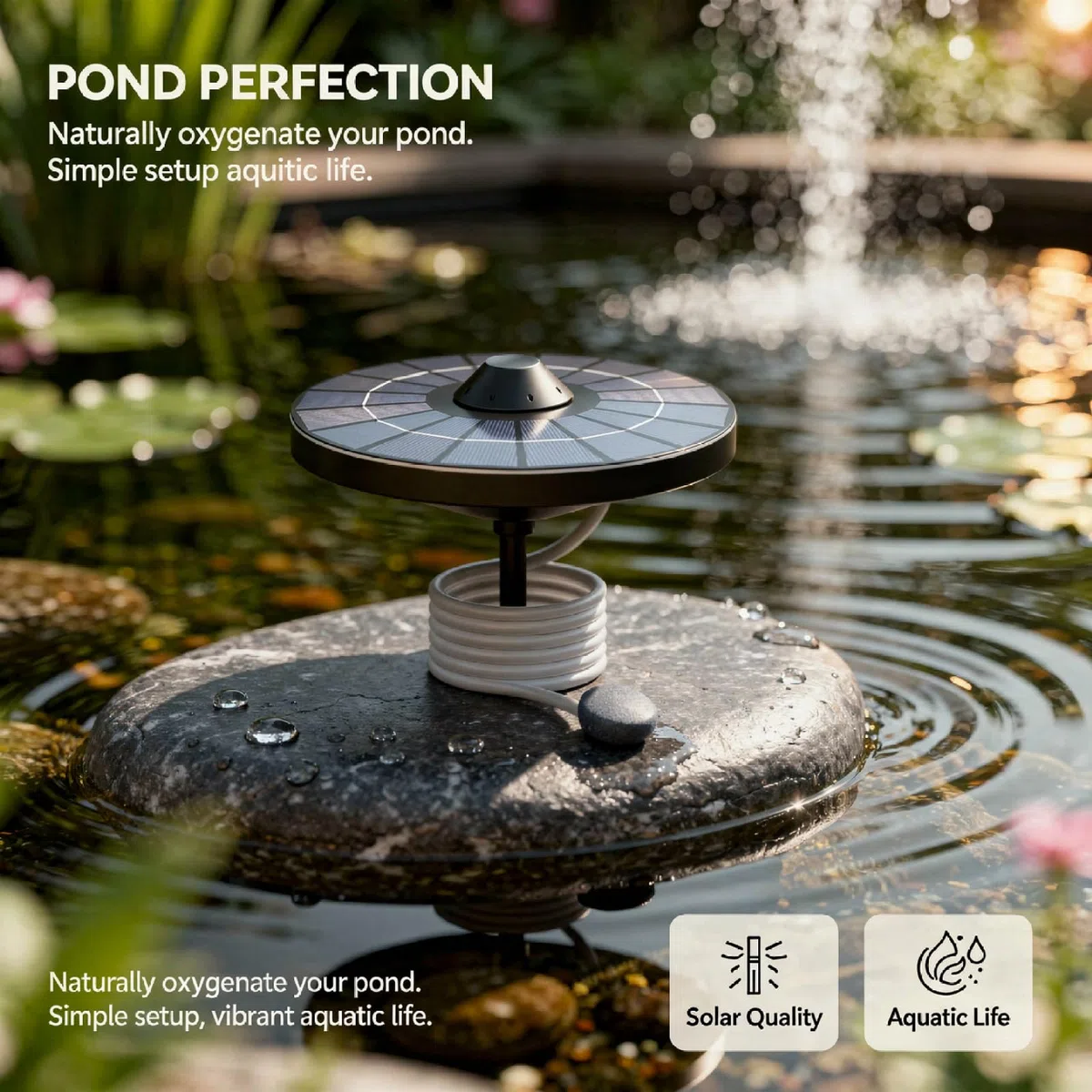 PONDON Aireador solar flotante para estanques, oxigenador de 6 V/2,5 W, bomba de aire solar con apagado automático, difusor de burbujas de piedra de silicona, configuración simple para peceras, baños