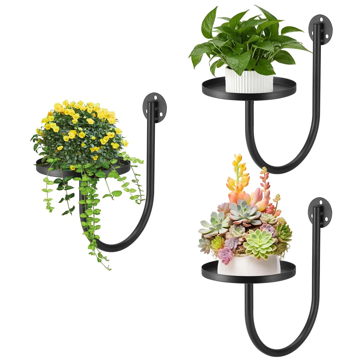 3 Piezas Maceta de Pared, Estantería Metálica para Plantas Interior o Exterior, Sala de Estar, Balcón, Jardín, Cocina y Dormitorio, Forma de U, Negro