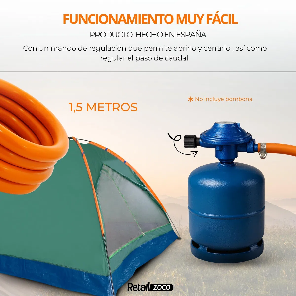 TECHZOCO Kit Completo butano para bombona de butano de Camping + Tubo Goma 1,5 Metros + 2 Abrazaderas Seguridad, Homologado,Apto para aparatos de Gas para Camping, barbacoas y Calentadores