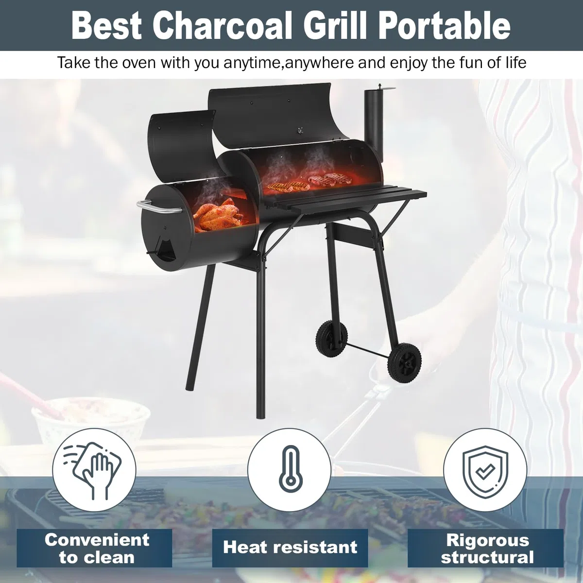 FDW Parrilla de carbón de 43 pulgadas para exteriores, parrilla de barbacoa para varias personas con diseño de malla de doble parrilla, parrilla ahumadora para camping, patio trasero al aire libre,