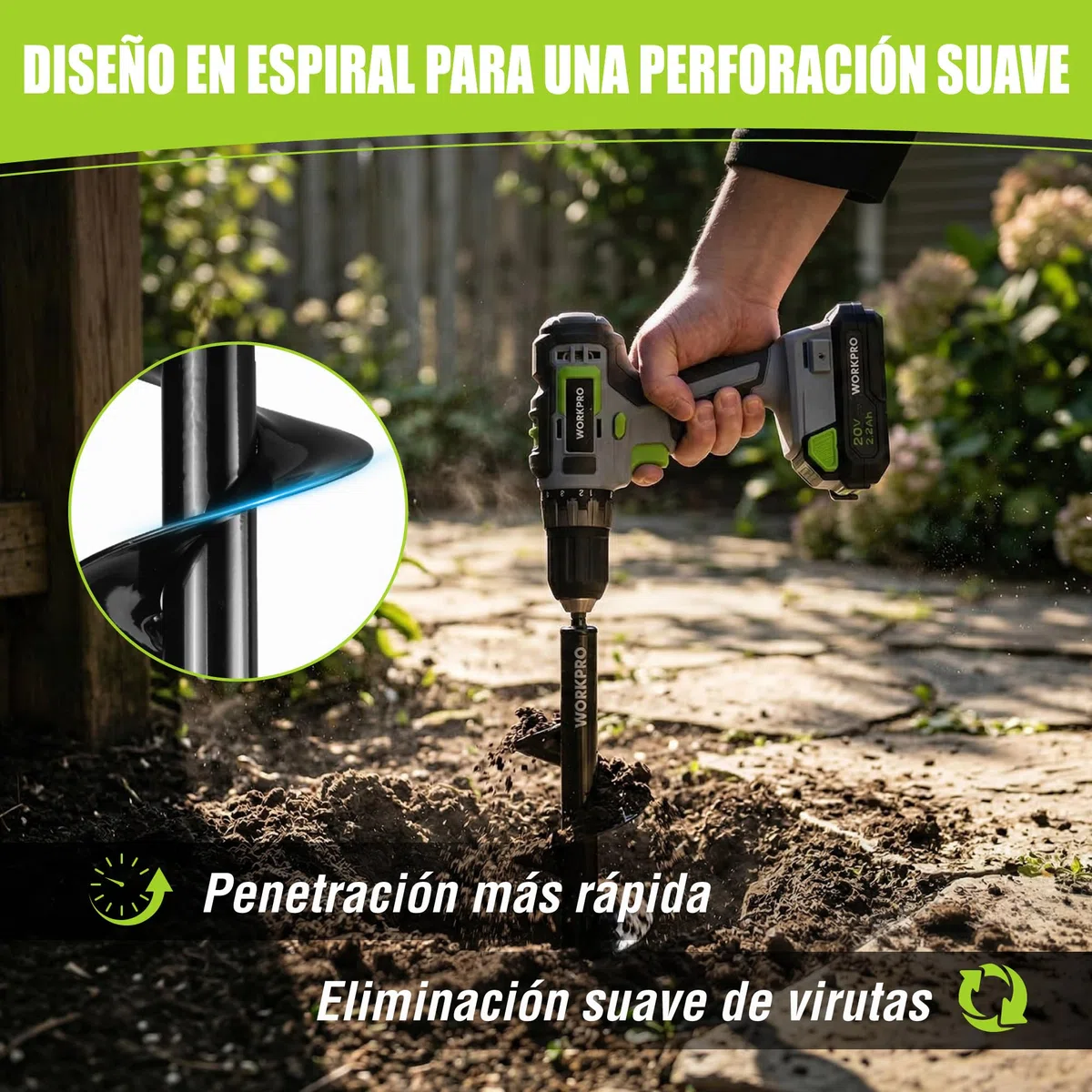 WORKPRO 2-Piezas Broca Espiral de Jardín para Taladro, Excavadora de Suelo tipo Barrena, Ideal para Plantar, 8 x 30 cm & 4 x 22 cm