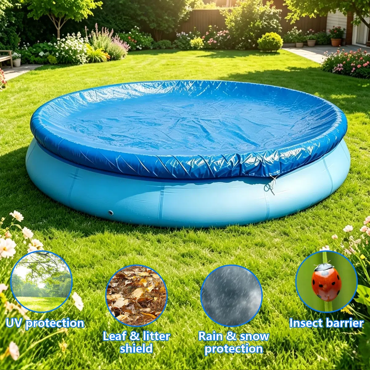 Cobertor Piscina Redonda, Cubierta de Piscina Redonda, Lona Cubre Piscina per Verano y Invierno, Fundas para Piscinas Plegable, Funda Piscina, UV-Resistente, Resistente al Agua al Polvo