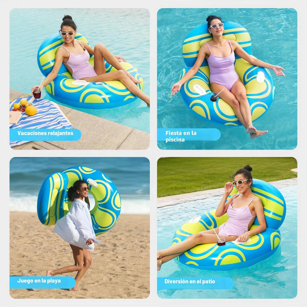 Sloosh Tumbona Flotador Inflable para Piscina con Gran Respaldo, Sillón Flotador de Aire con Asa y Portavasos, Balsas Inflables para Piscina de Verano para Adultos