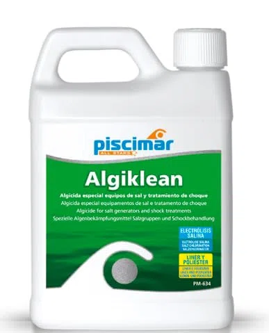 PM-634 Algiklean Doble acción: algicida y abrillantador. Especial Equipos de Sal y Tratamiento Choque. Botella 1.1 Kg.