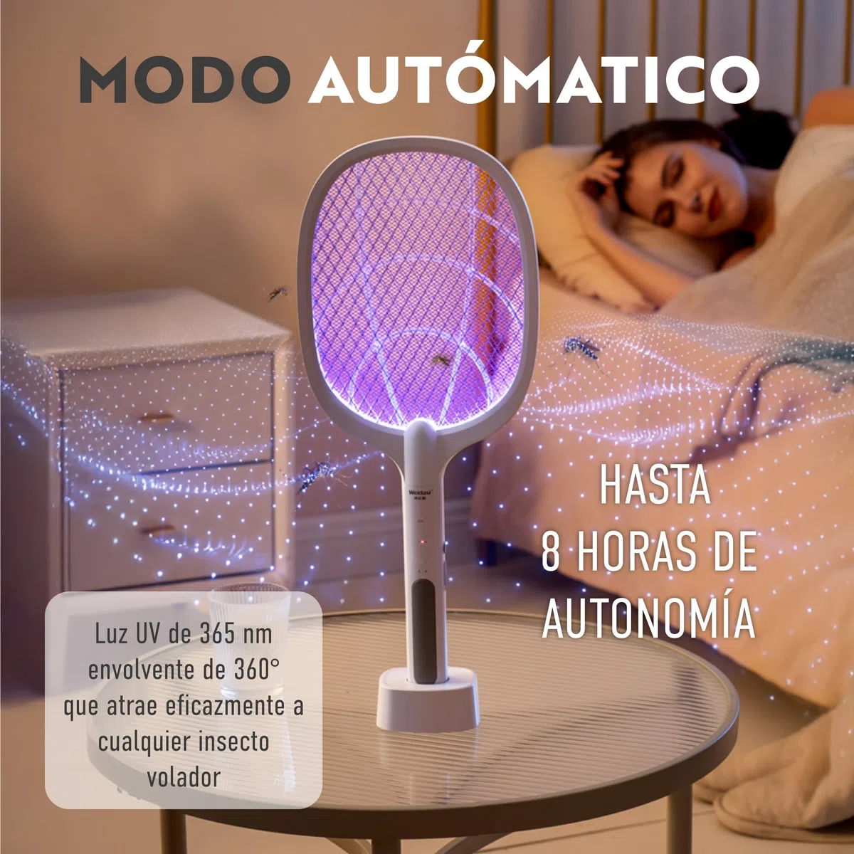 Raqueta Eléctrica Antimosquitos 2 en 1 4000V con Luz UV – Modo Manual y Automático – Batería 1800mAh Recargable USB C – Lámpara Matamoscas Interior Exterior – Triple Protección Segura