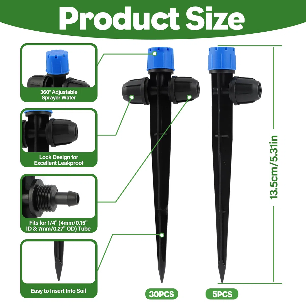35 Emisores de Riego por Goteo, Kalolary 2 Formas Piezas de Rociador de Riego por Goteo con Bloqueo para Tubería de 1/4", Gotero de Flujo de Agua Ajustable de 360 Grados con 8 Agujeros y Bloqueo para