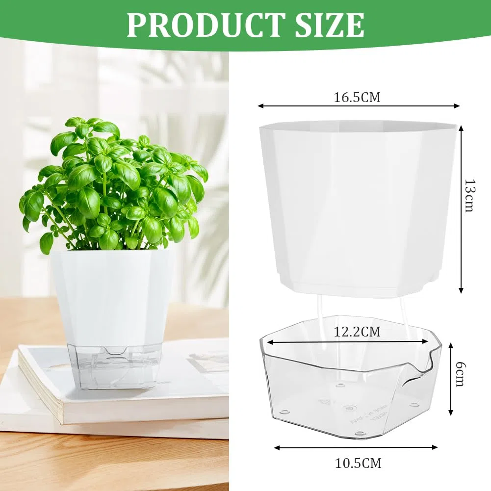 3 Piezas Maceta de Riego Automático, 18CM Macetas de Plástico para Plantas de Interior, Redonda, con Orificios de Drenaje y Bandeja, Maceta de Agua Autorriego para Interiores, Blanco/M