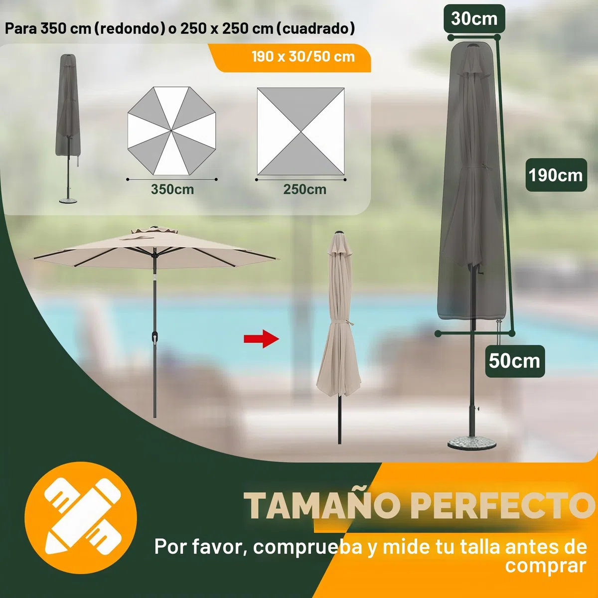 Enzeno Funda para sombrilla, hasta Aprox. 200 cm, 300 cm de diámetro, Funda para sombrilla, Resistente al Agua, Resistente a los Rayos UV, con Cremallera Impermeable (190x30/40/50 cm)