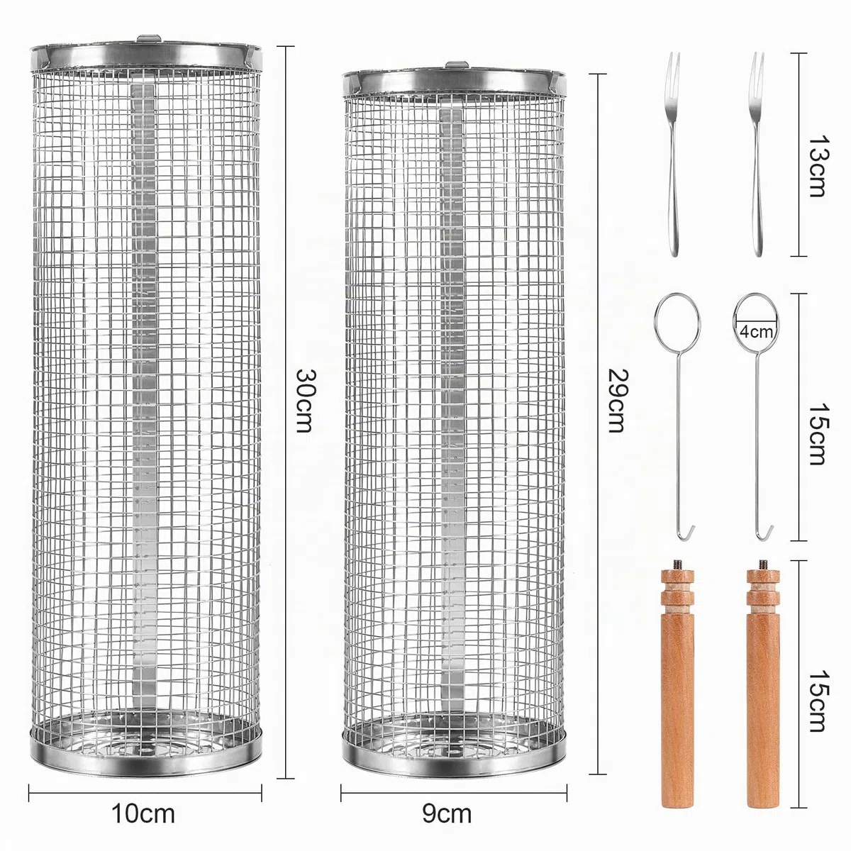 Paquete de 2 cestas rodantes para barbacoa, cesta para barbacoa de acero inoxidable con mango de madera, cesta giratoria para barbacoa, accesorios para barbacoa para acampar al aire libre
