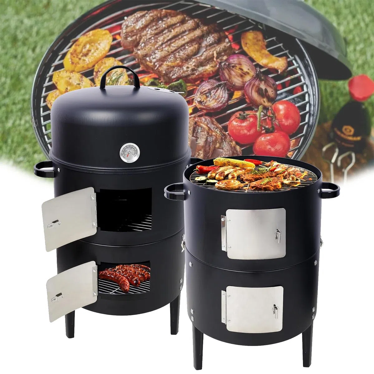 Ahumador redondo de acero resistente para barbacoa, diseño multifuncional con rejillas de ventilación ajustables y bandeja de goteo de aceite para cocinar carne, pescado y verduras con calor uniforme