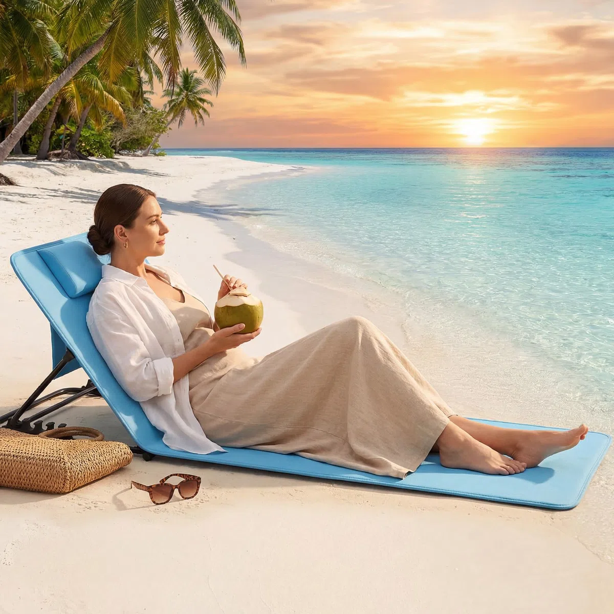 LARMNEE Tumbona de Playa con Respaldo Ajustable, Colchoneta Acolchada, Tumbona Plegable para Tomar el Sol con Almohada y Bolsa, Silla Portátil para Playa y Jardín, Tela de Oxford, Azul EBU01TY02