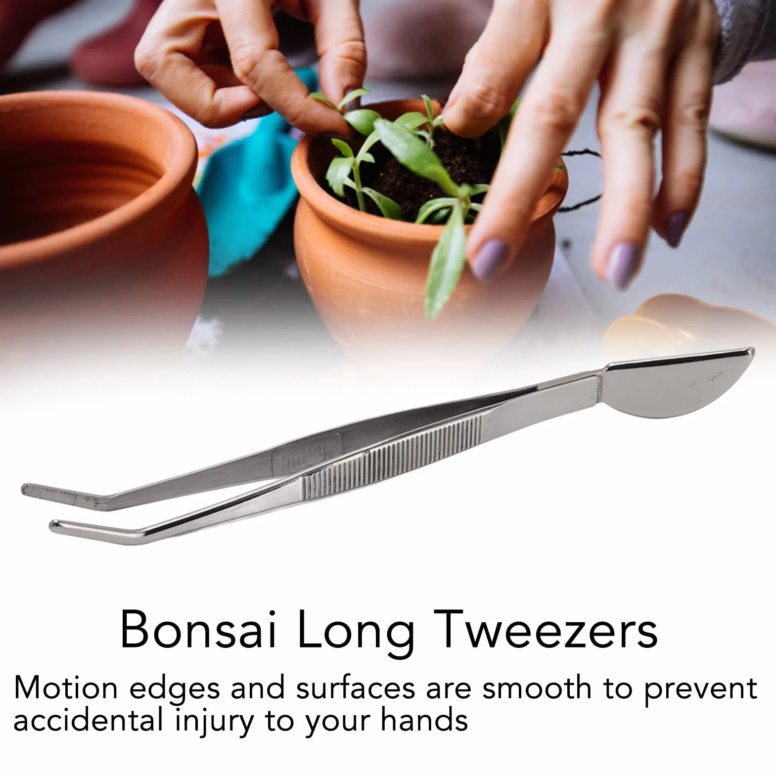 Fdit Pinzas para Bonsái de Acero Inoxidable, Pinzas Largas con Cabeza de Espátula de Luna Creciente Herramienta Profesional para Bonsái Puntas Dentadas Rectas con Espátula(Doblado)