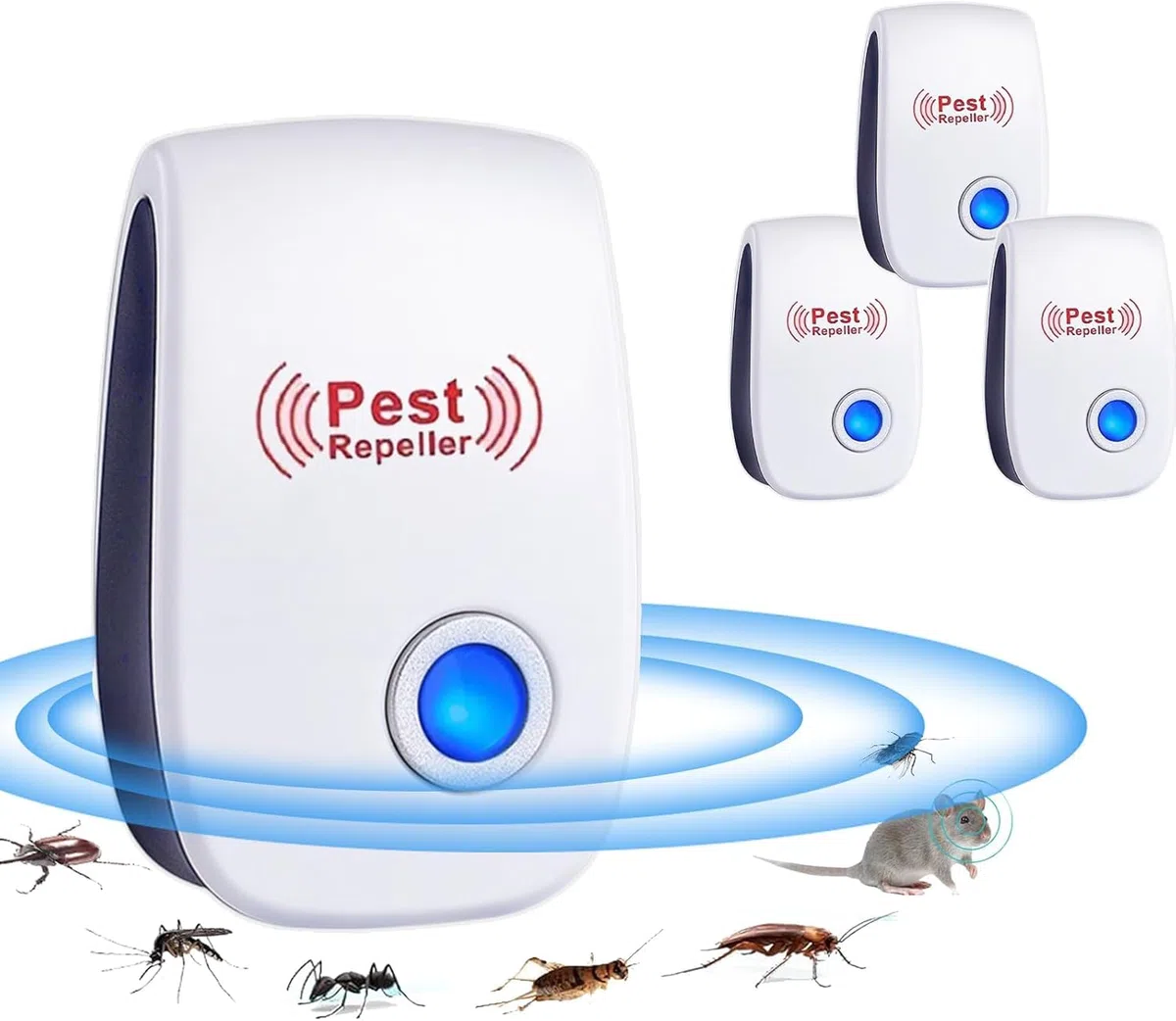 Repelente Ultrasónico de Plagas, 4 Pack Electrónico Repelente Mosquitos Control de Plagas, Repelente Ultrasónico Mosquitos para Anti Moscas, Ratones, Cucarachas, Arañas, Roedores