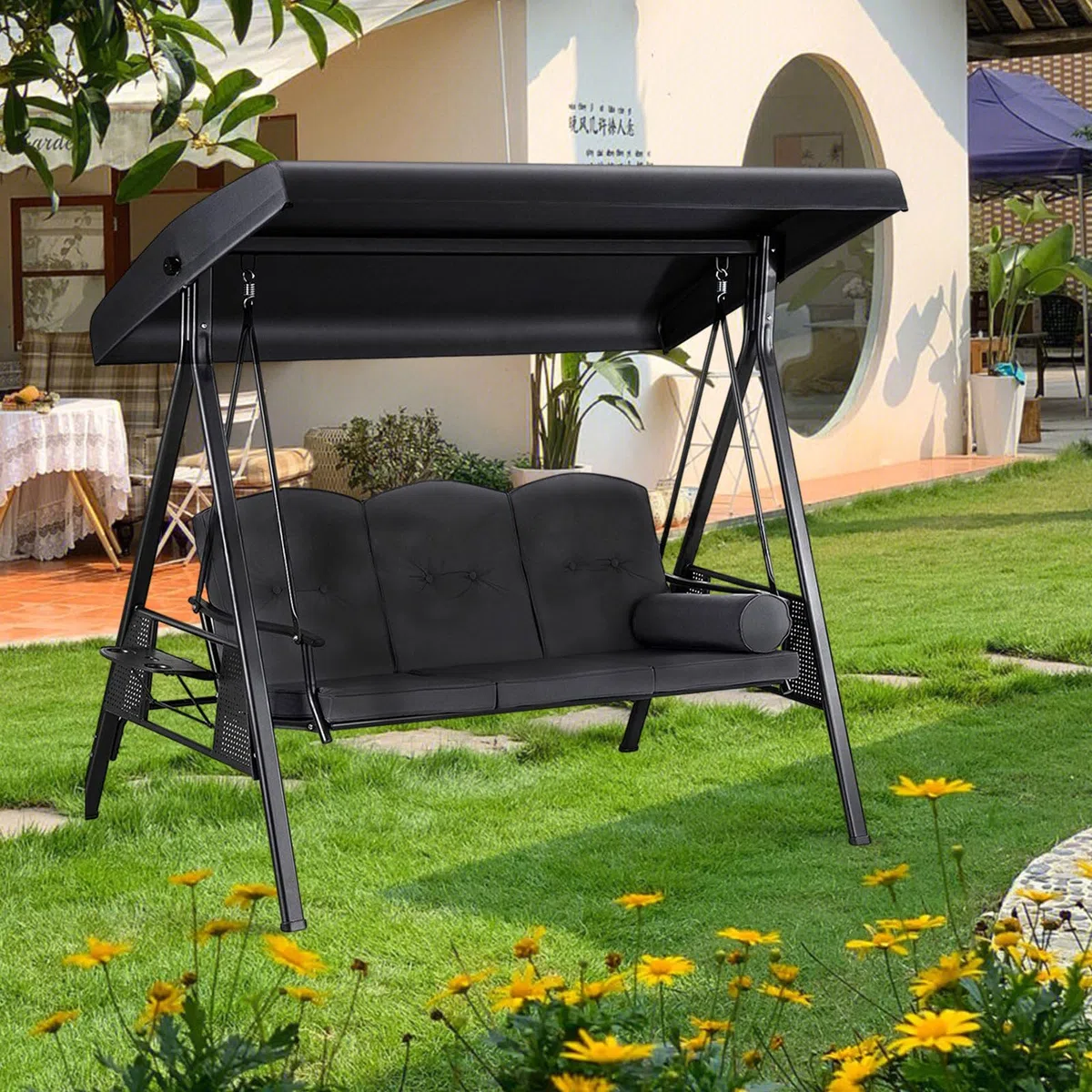 Toldo universal para columpio de Hollywood, cubierta impermeable y protectora contra lluvia y sol, tela Oxford 210/420D, color negro