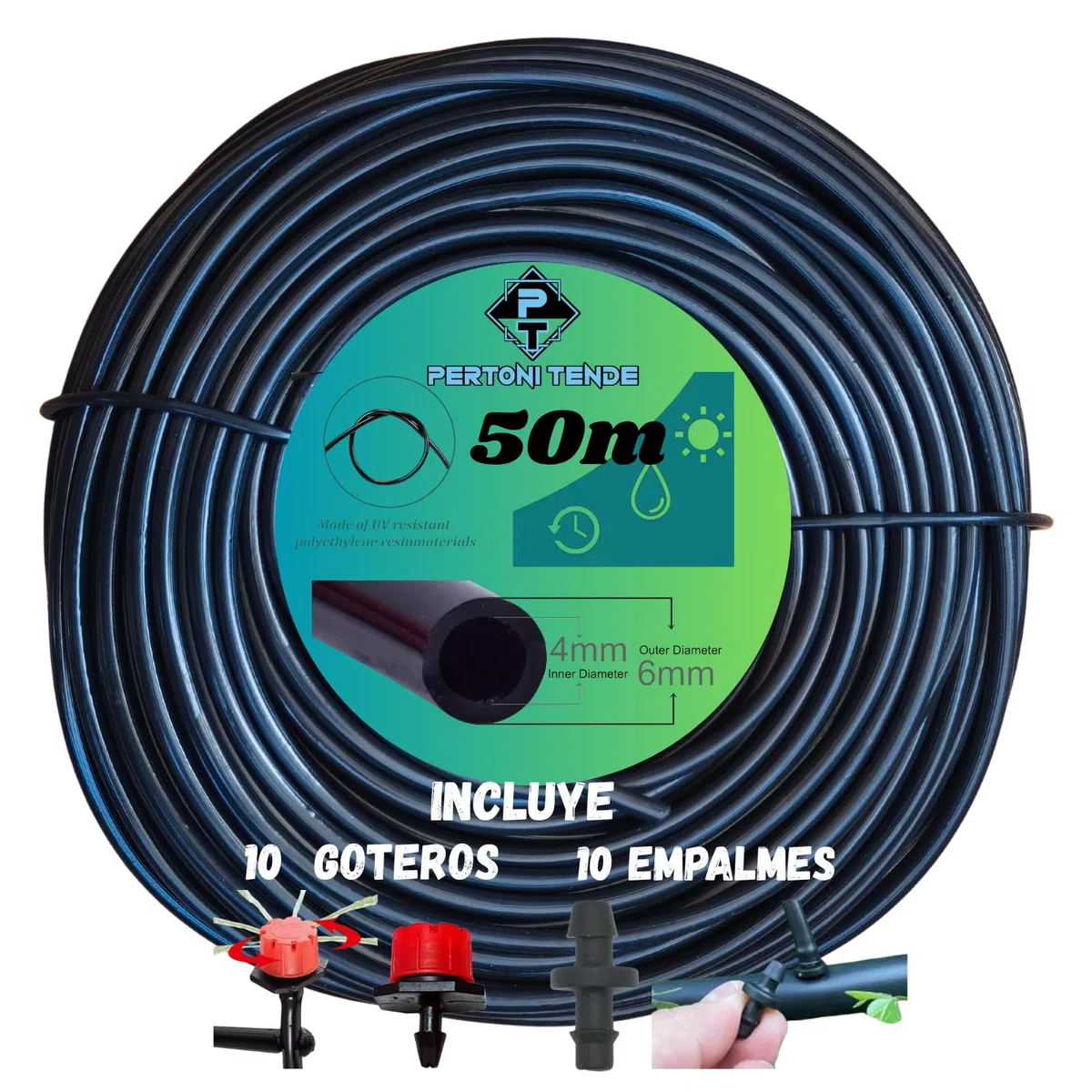 Microtubo de Riego 4mm para Goteo, Tubería para Riego, Fabricada en PVC Flexible y Resistente con 6mm de Diametro Exterior, Disponible en Rollo de 10, 25 y 50 metros, Color Negro (50 metros)