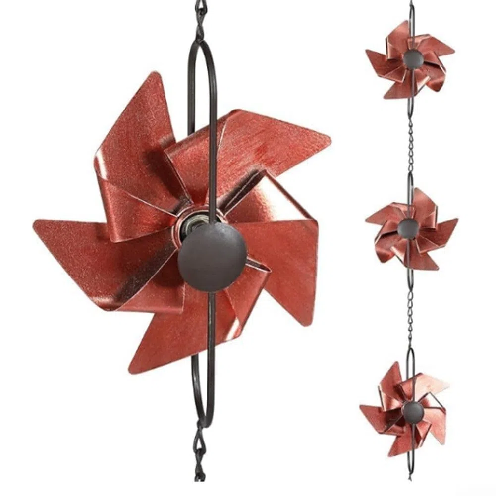 Cadena de lluvia de metal con diseño de molino de viento, cadena decorativa de desviación de agua de 5.5 pies para aleros de jardín y patio, alternativa a canalones al aire libre