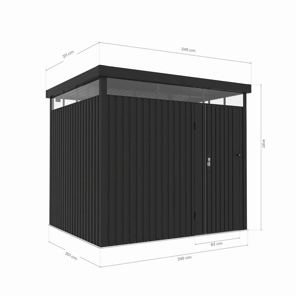 Wasabi – Caseta Jardín Exterior Metal 5,23m2 Ice – Grosor 0,40mm Robusto – Lámpara incluida - Cierre con Llave – Tragaluz 360º - Techo Plano - Cobertizo Resistente de Almacenamiento – 249x211x218cm