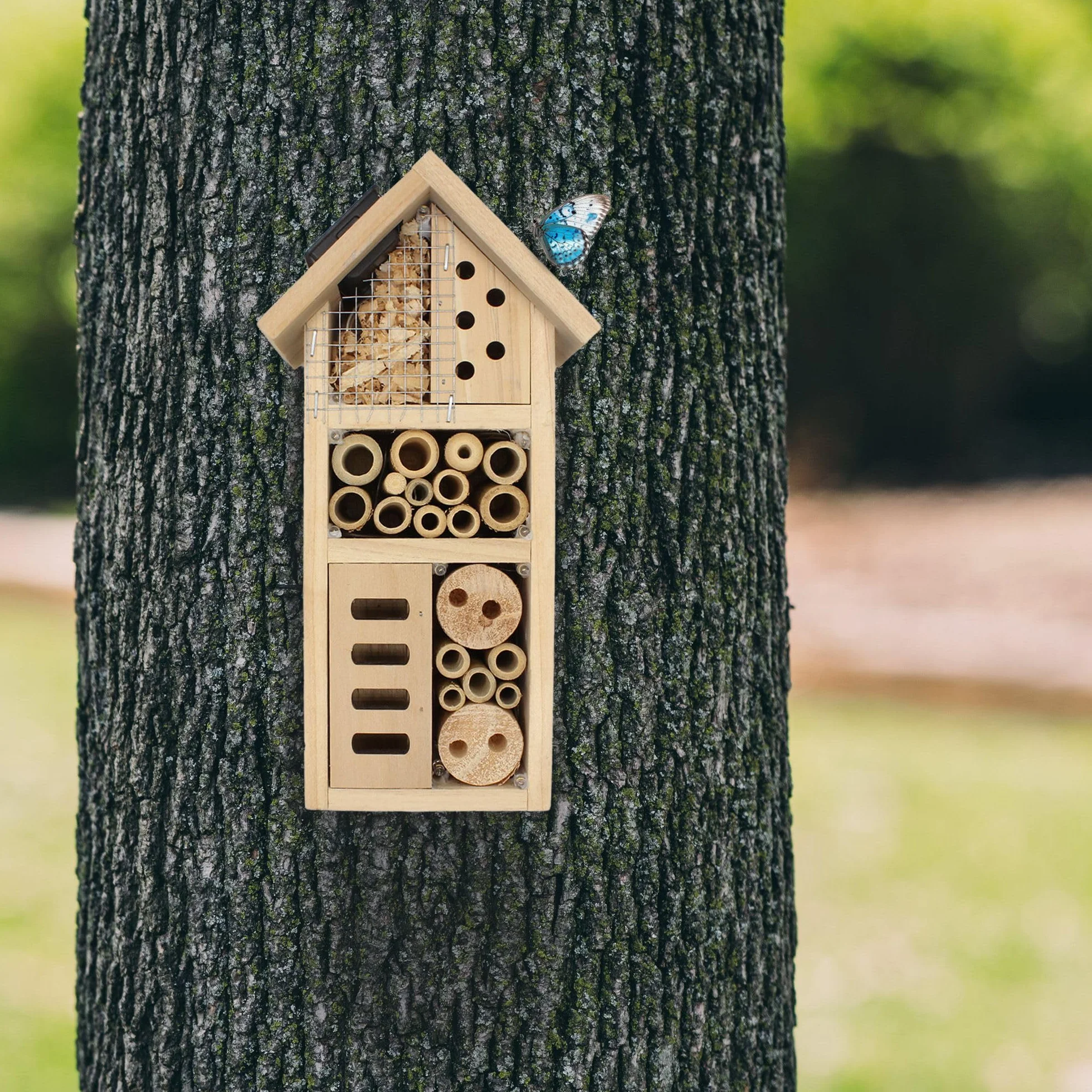 FISHTEC - Hotel de Insecto - Casa Solar de Madera - 10 LED Alimentados por Panel Solar - Madera de pino macizo - Para colocar o colgar - Refugio para todas las estaciones - Escarabajo, Mariposa,