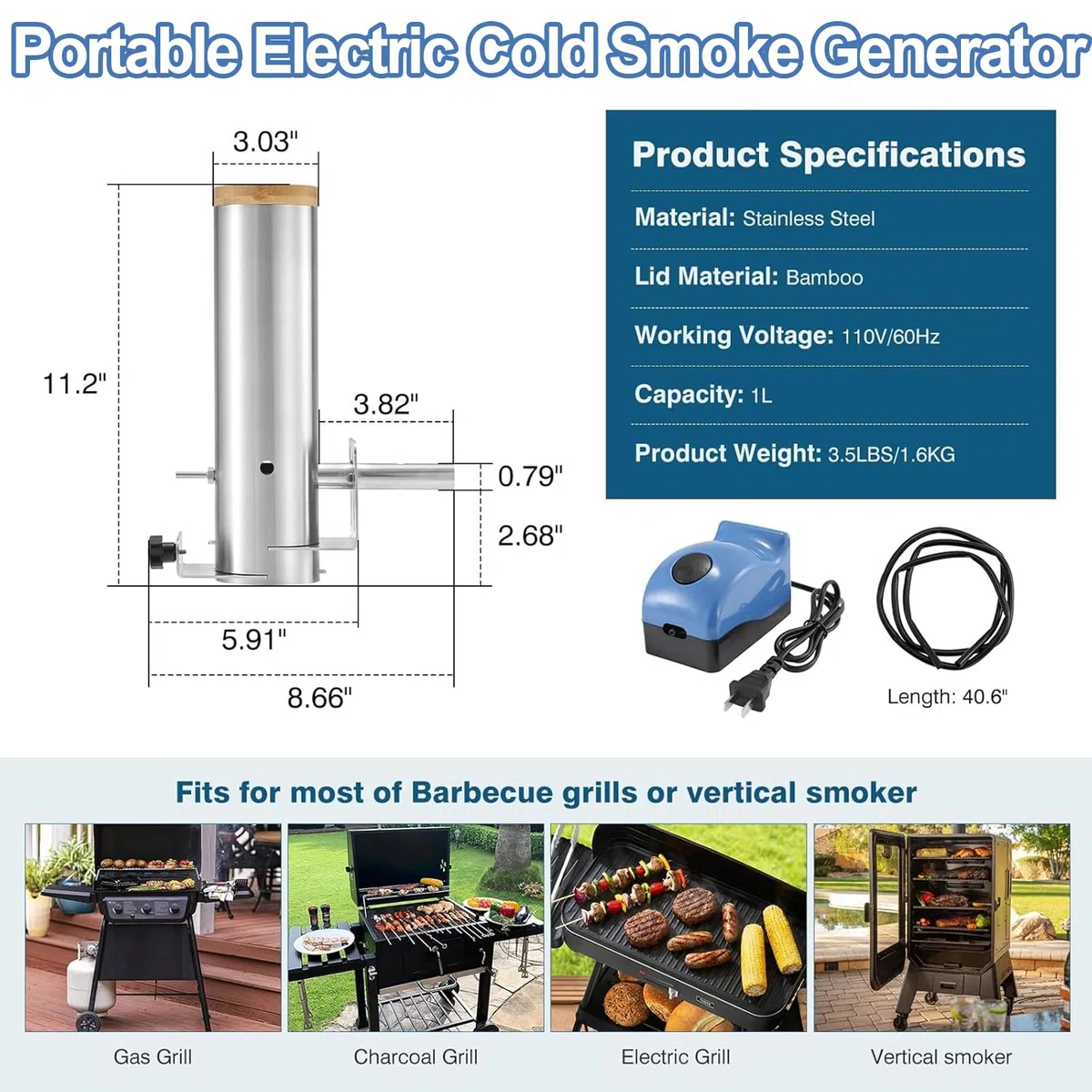 Ahumador eléctrico portátil para barbacoa con generador de humo frío, salida ajustable, fácil instalación, diseño a prueba de fugas para ahumar carnes y verduras al aire libre