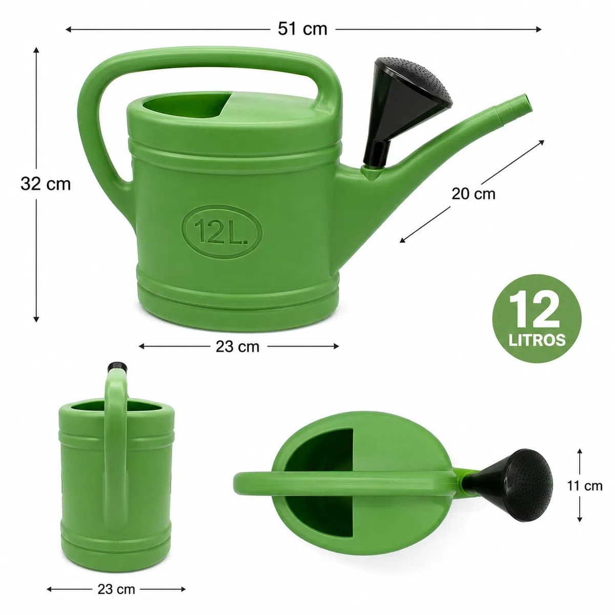 CABLEPELADO Regadera de Plástico 12 litros para Jardín y Huerto, Rociador Incluido, Asa Ergonómica, Pico Largo para Riego Preciso, Ligera y Resistente para Interior y Exterior