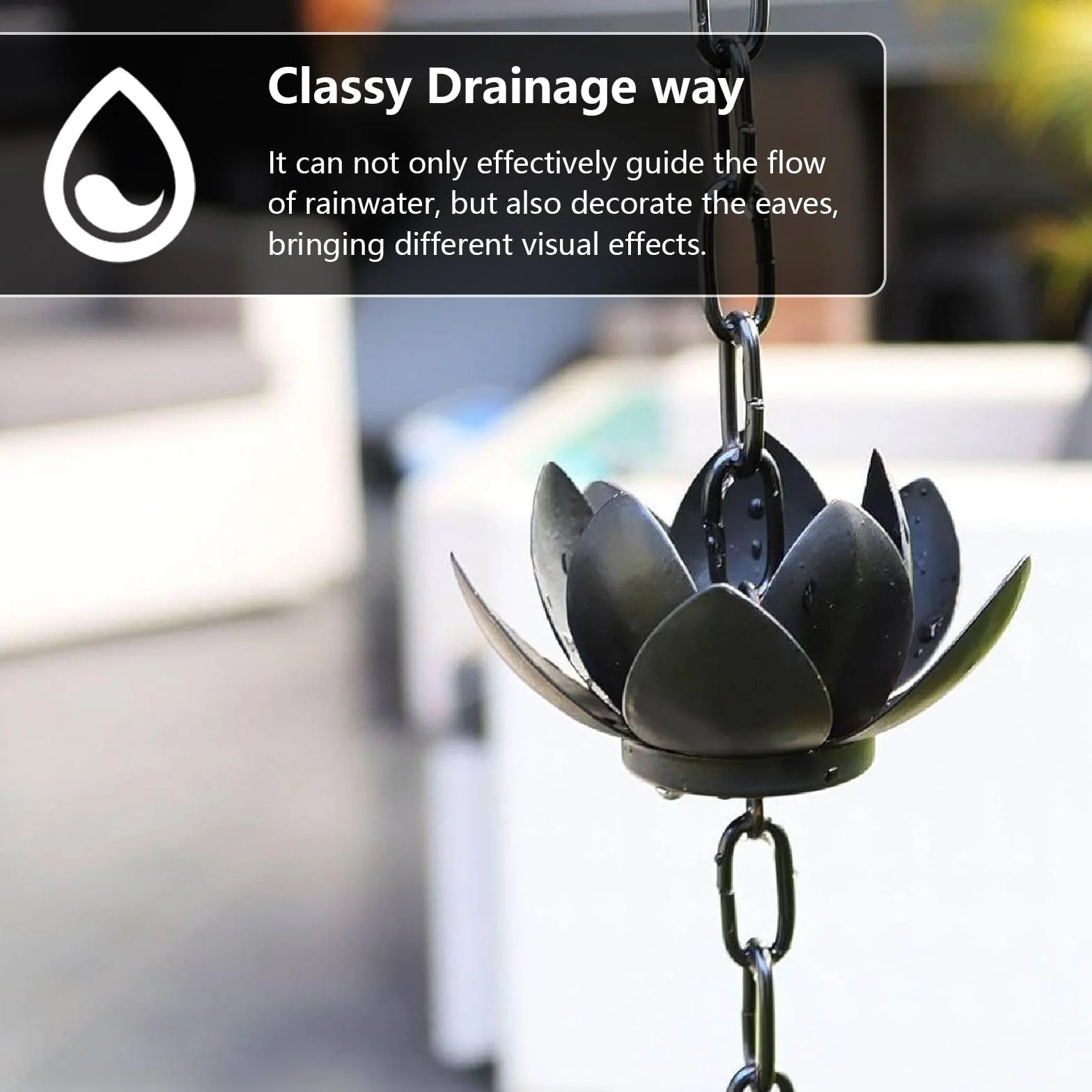 Cadena De Lluvia, 1,2 M Negra para Drenaje De Agua De Lluvia Cadena De Hierro con Forma De Loto para DecoracióN Exterior del Hogar Y JardíN Drenaje Eficiente De Agua De Lluvia