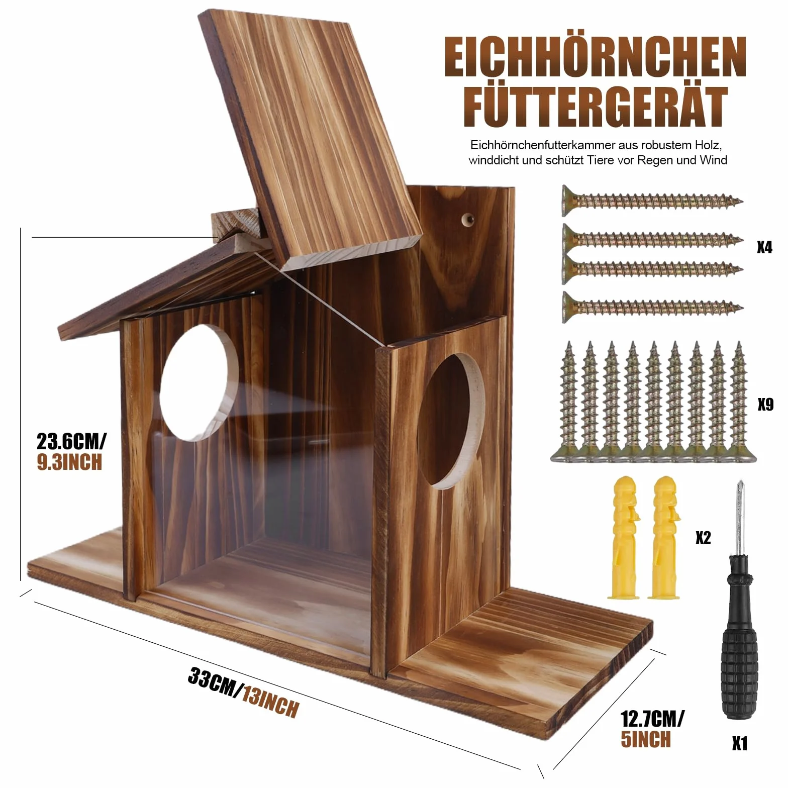 Comedero de madera resistente a la intemperie para ardillas, con revestimiento de aceite de linaza, orificios de ventilación y gran comedero, comederos para ardillas y Kobel