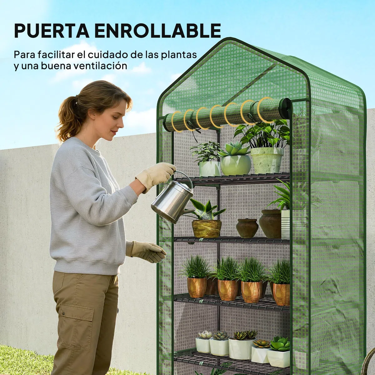 Outsunny Invernadero de Jardín de 5 Niveles Invernadero Pequeño Exterior con Puerta Enrollable con Cremallera Anti-UV Diseño Ensanchado y Estantes para Cultivo de Plantas Flores 90x49x193cm Verde