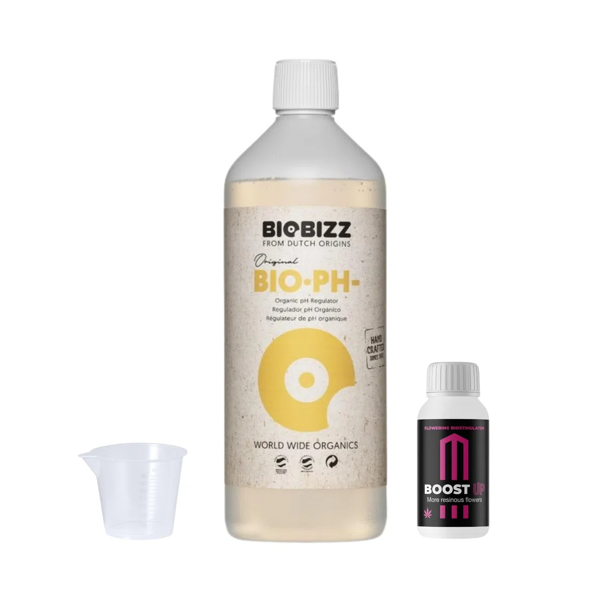 GROWMANIA Bio Down de BioBizz 1L + Muestra Boost Up de Up Nutrients + Vaso Medidor | Regulador de PH Orgánico | Perfecto para Huertos y Jardines Medianos